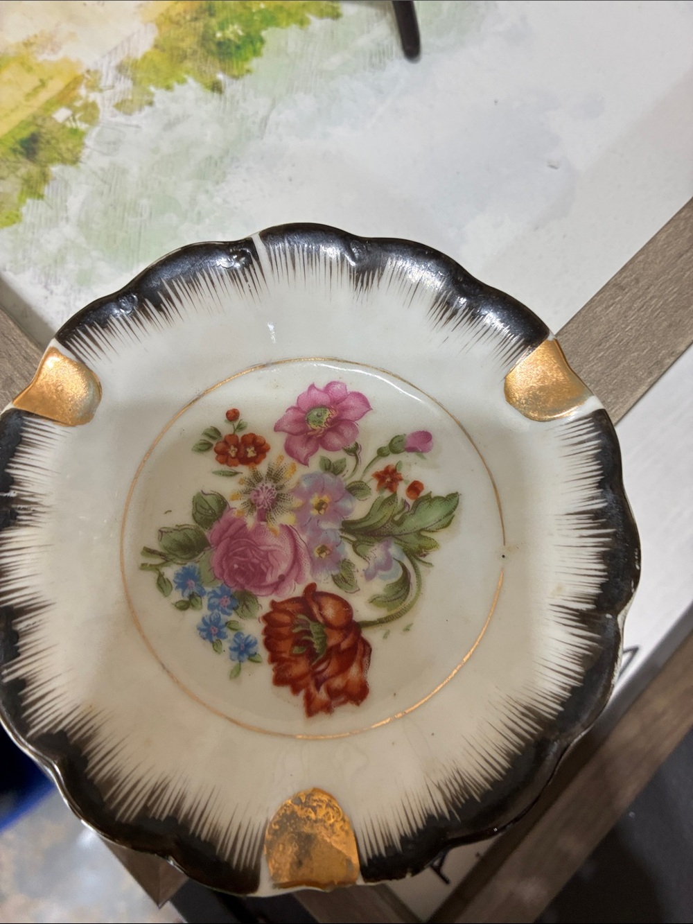 Porcelain Floral Ashtray in Black, White and Gold